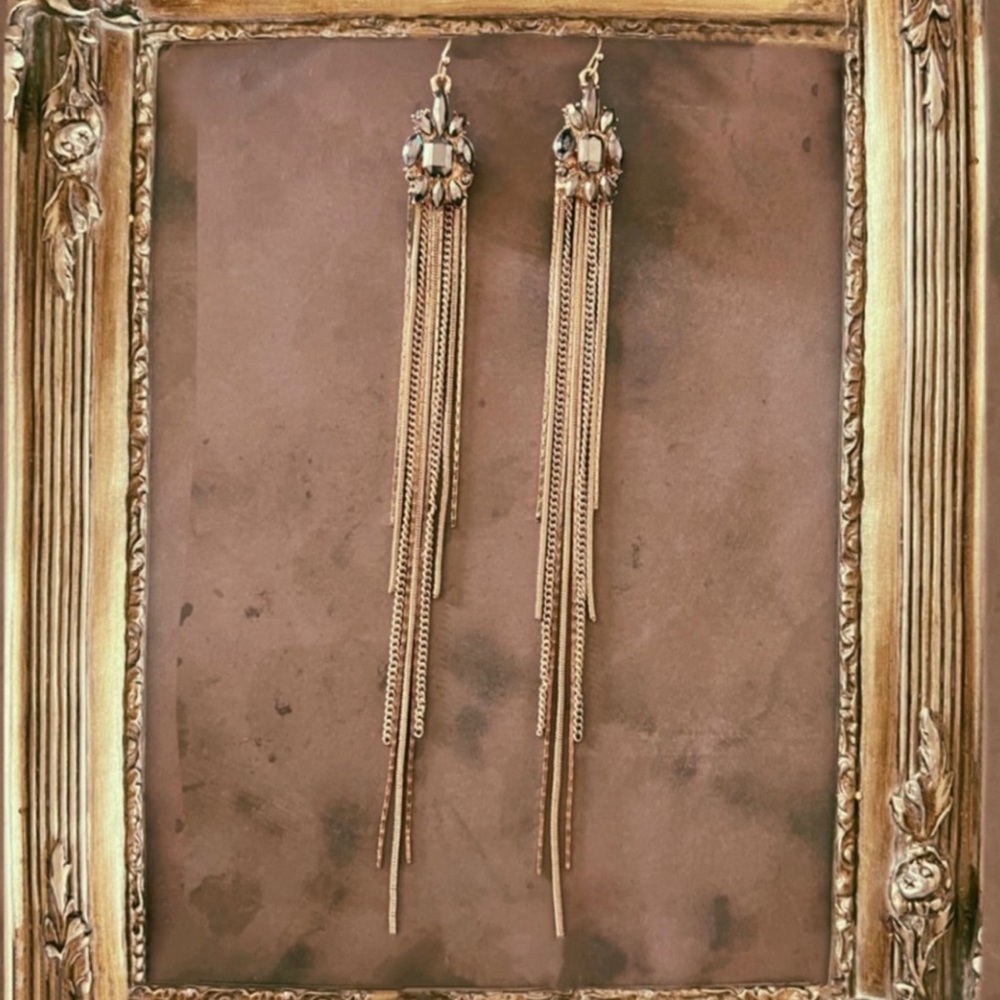 VINTAGE• Antique Gold Pyrite Crystal Tassel Earrings - Picture 4 of 4